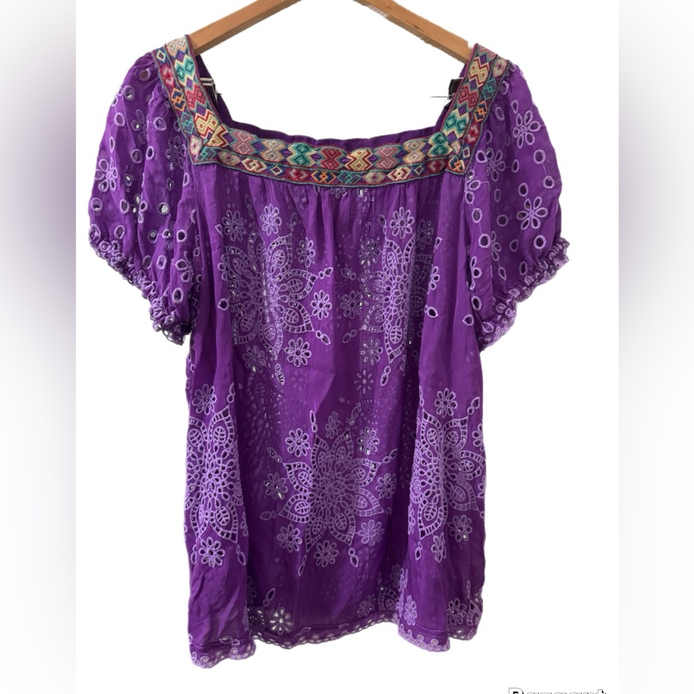 Johnny Was Purple Embroidered Blouse